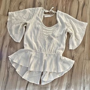 Plenty by Tracy Reese Sheer Ivory Beaded Tie Back Flowy Blouse Size M